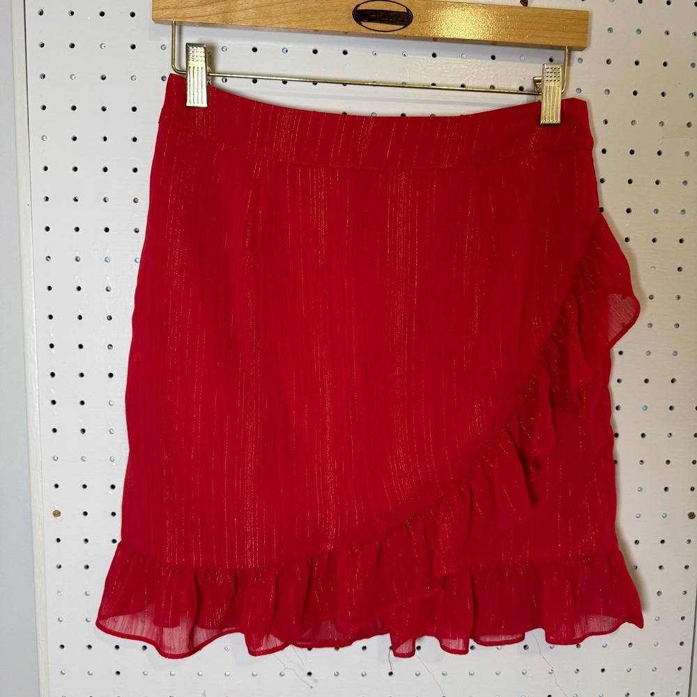 Superdown Ruffled Wrap Skirt Women's Medium Red Shimmer Back Zip Cocktail Party
